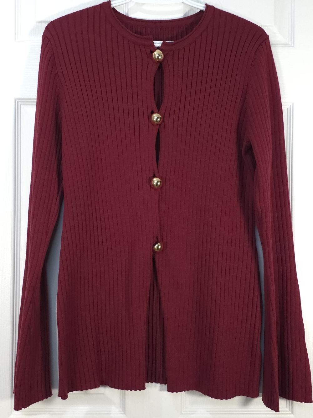Commense Ribbed Button-Front Long-Sleeve Top in Burgundy - Picture 2 of 7